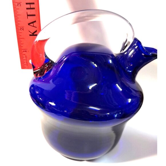 Cobalt Blue Hand-Blown Glass Pitcher & 6 Matching Cups With Swirled Clear Stoppe - Picture 16 of 16